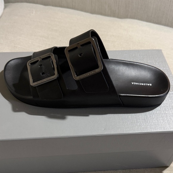 Balenciaga Black Slide Sandals with Silver Buckles